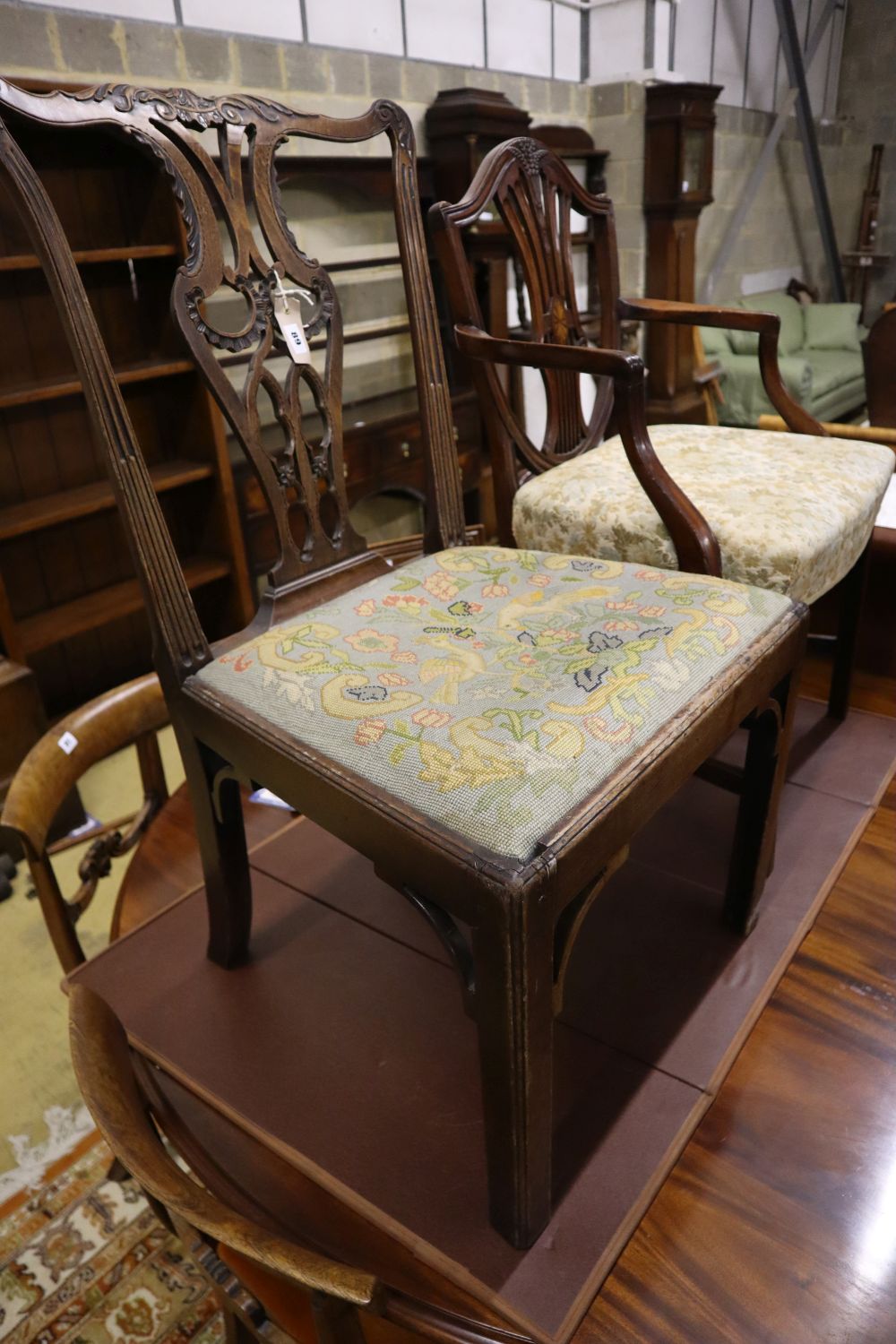 A George III mahogany dining chair together with an inlaid mahogany elbow chair